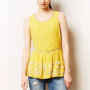 Maeve | Anthropologie “Calendula” Yellow Embellished Chiffon Peplum Blouse